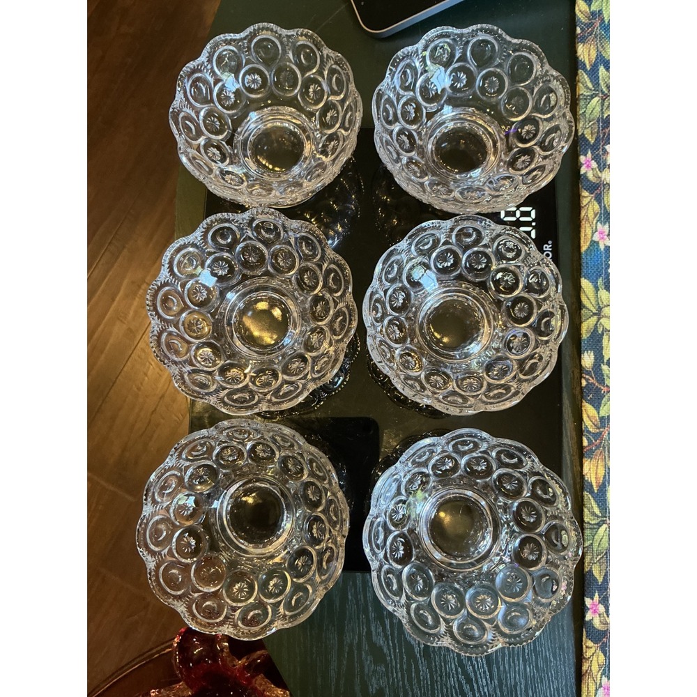 Vintage LE Smith Moon & Star Clear Glass (6) Berry Bowls Scalloped Edge Footed